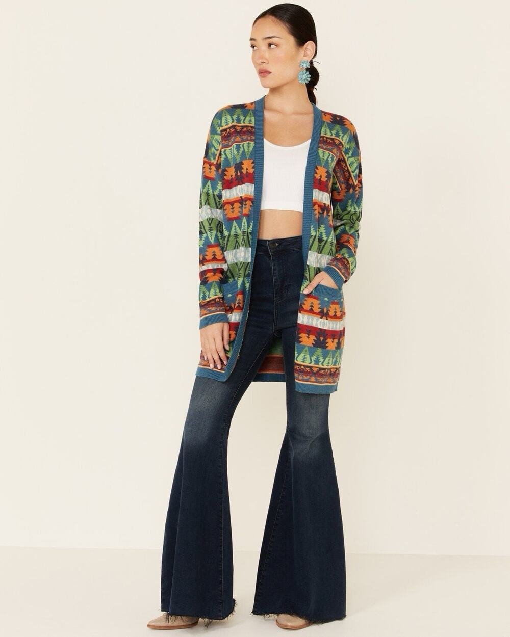 Tasha Polizzi Southwestern Print Open Cardigan Sweater Long Duster Aztec L EUC
